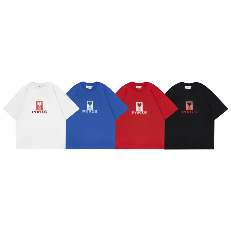 

Ami 2022 Summer New Cotton Korean Style Fashion Embroidered Short Sleeve Men's Casual T-shirt Collar Oversized Men's T-shirt Top