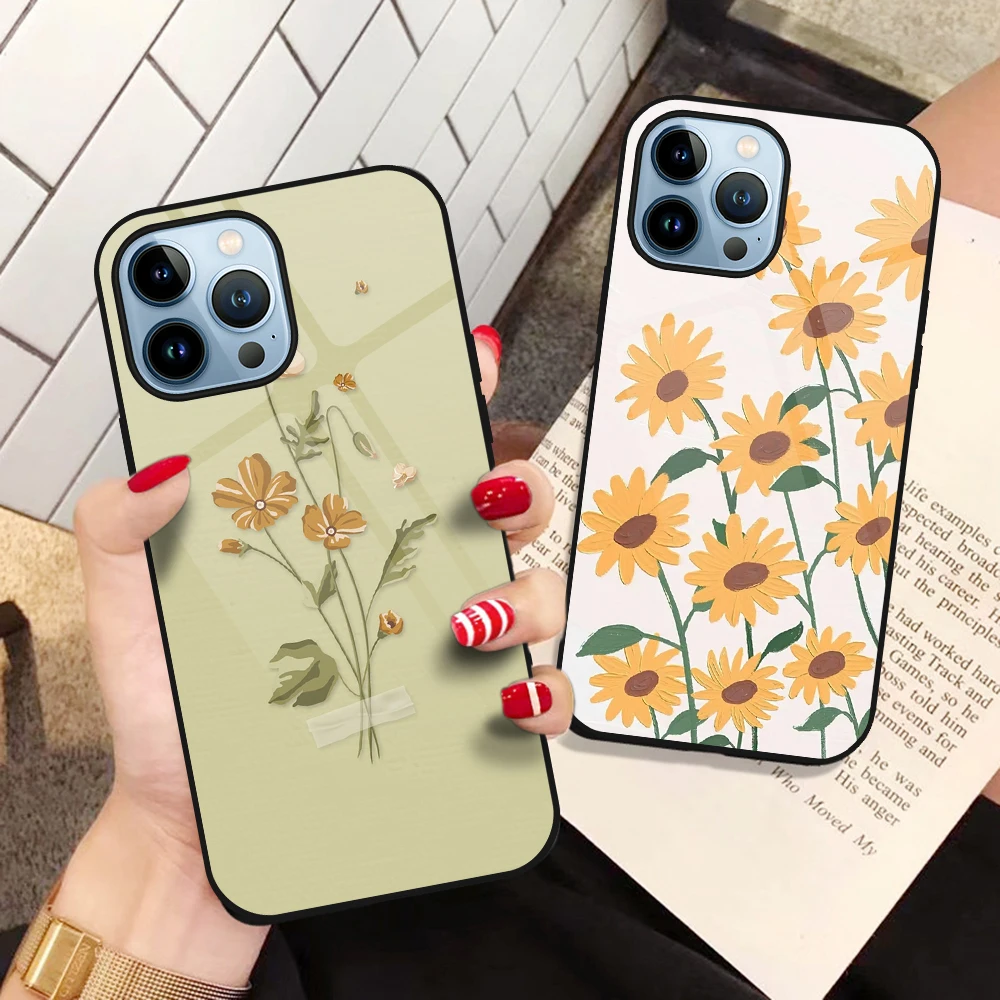 

Sunflower Floral Case for iPhone 14 13 12 11Pro Max Mini XS XR X Tempered Glass Cover for iPhone 7 8 6S Plus SE 2022 11 Carcasa