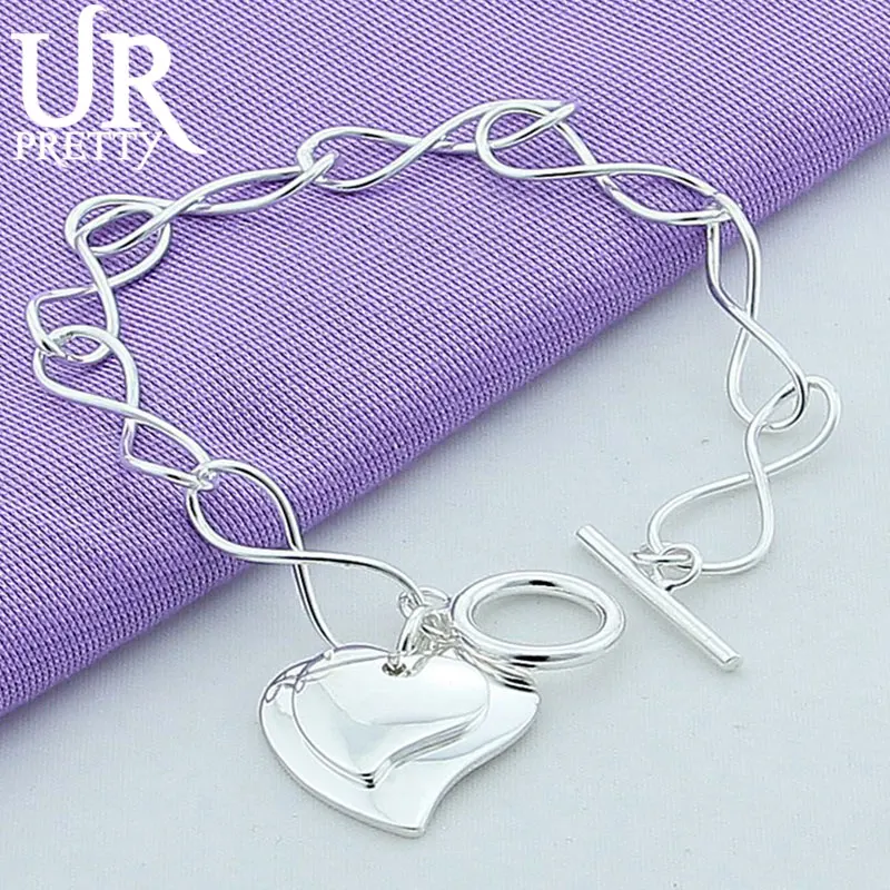 

URPRETTY 925 Sterling Silver Solid Two Hearts Eight Characters OT Chain Bracelet For Man Women Wedding Charm Party Jewelry Gifts