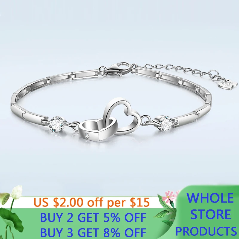 

New Tibetan Silver S925 Heart To Heart Bracelet Fashion Female Models Cute Vintage Wild Super Flash White Crystal Jewelry SL147