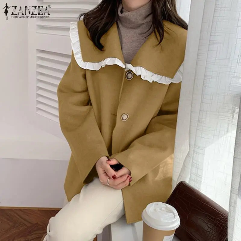 

ZANZEA Elegant Ruffle Cardigans Women Woolen Coats Spring Autumn Patchwork Lapel Outwear Lady OL Casual Solid Jackets Oversized
