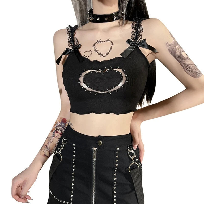 

Sexy Lace Hollow Heart Vest Women Punk Style Sleeveless Corset Camisole Girl Summer Backless Exposed Navel Solid Crop Tank Tops