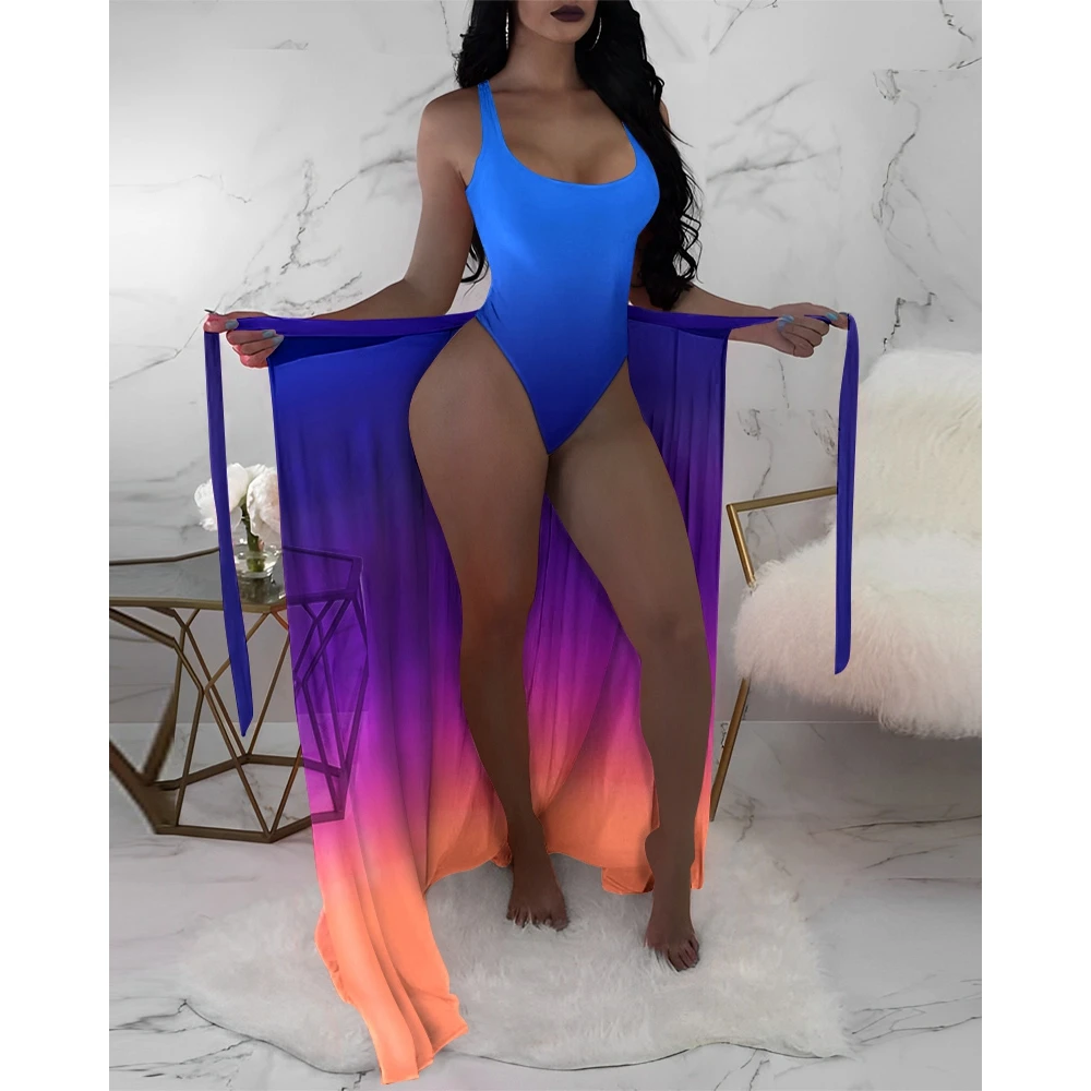 

2023 Summer Women Ombre U-Neck One Piece Swimsuit With Cover Up Women Two Pieces Set New in Swimwear Beach Vacation