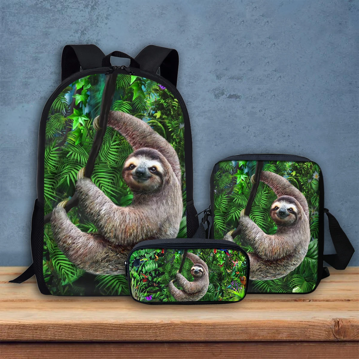 Lovely Sloth Crossbody Bag for Student Cute Animal Print Study Stationery Box DIY Design Teenages Durable Backpack 3Pcs/Set Gift