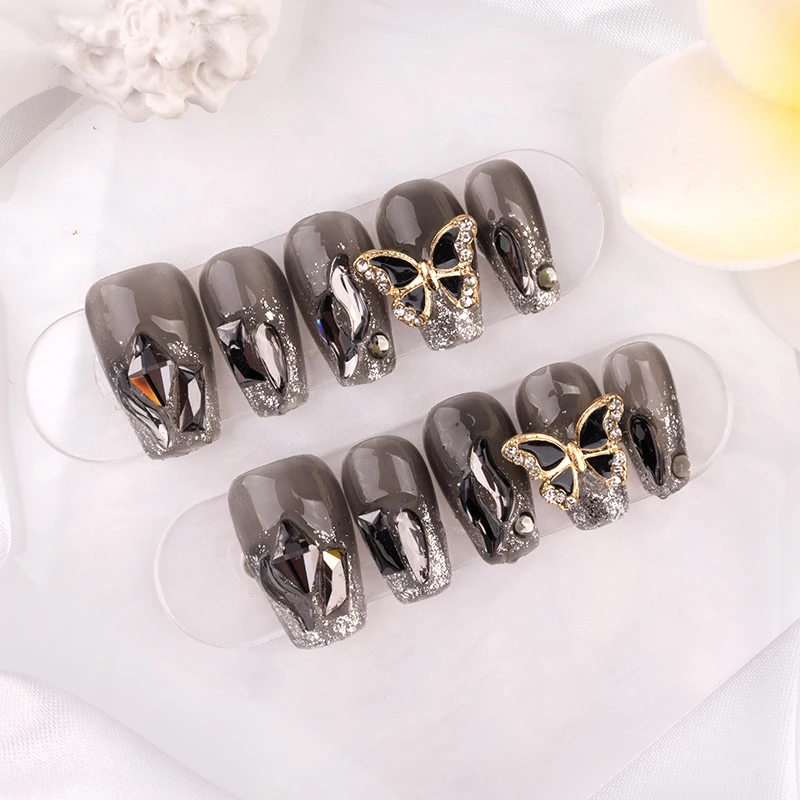 

New Black Handmade Butterfly False Nails Removable Wearable Fake Reusable Designed Full Cover Artificial Nails For Girls Gifts