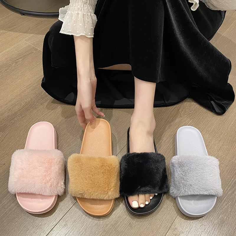 Women Summer Fur Slippers Flat Non-slip Wear-resistant Solid Fluffy Fur Slides Fluffy Slippers Ladies Shoes Woman Home Slipper