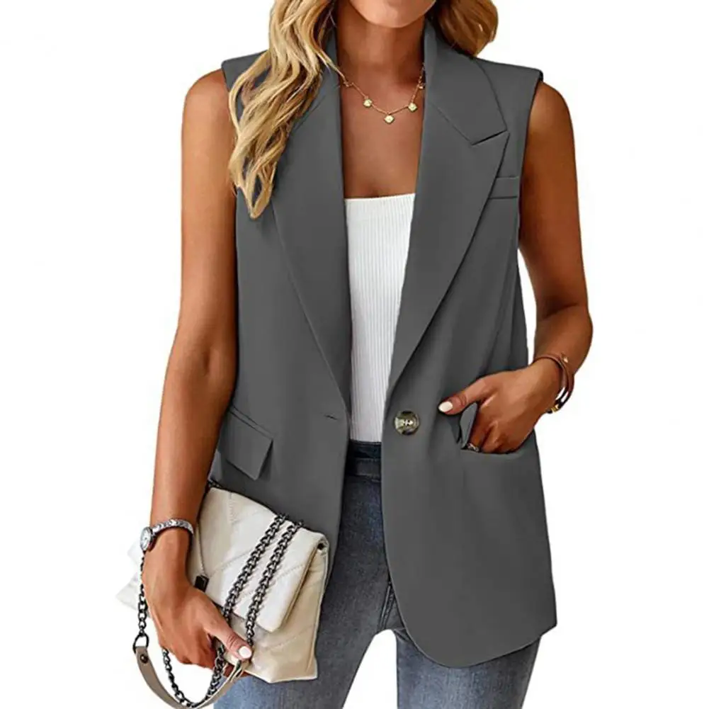Women Formal Coat Stylish Women's Sleeveless Elegant Lapel Single Button Mid-length Suit Coat for Formal Business Commute