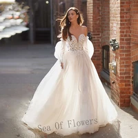 sea of flowers pastrol wedding dress sweetheart sweep train tulle a line zipper detachable flare sleeve vestidos de novia