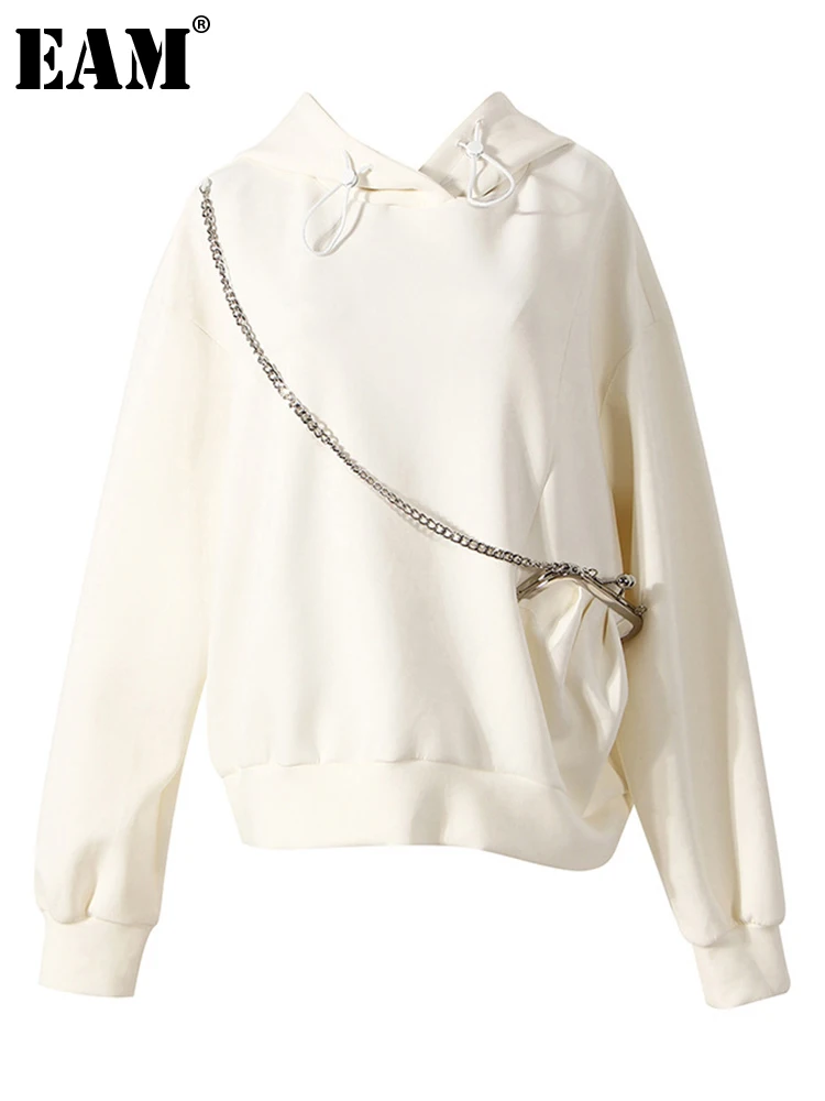 

[EAM] Loose Fit White Zipper Casual Sweatshirt New Hooded Long Sleeve Women Big Size Fashion Tide Spring Autumn 2022 1DE2922