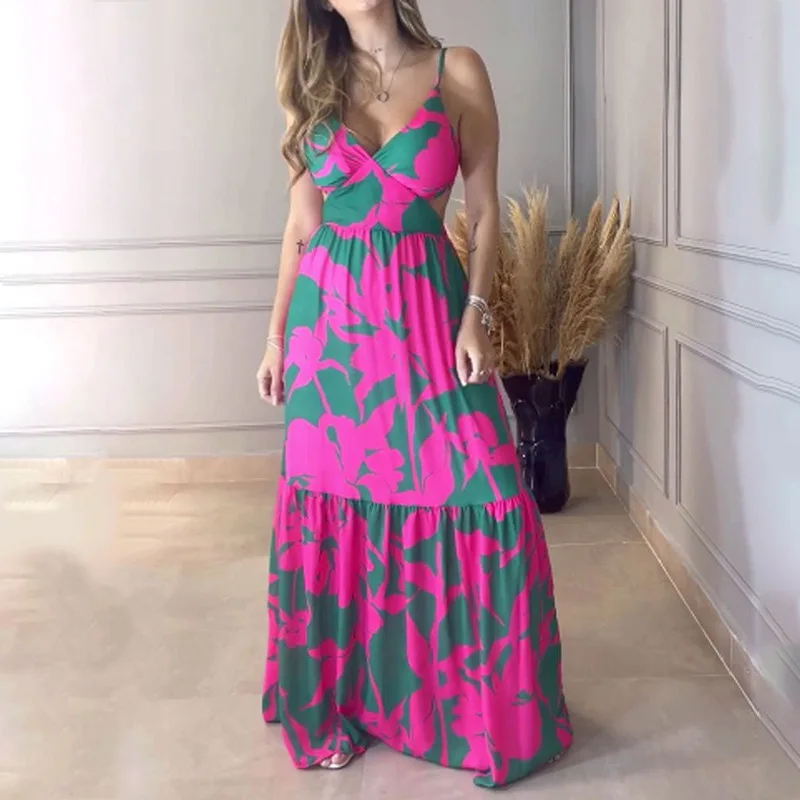 

Elegant Floral Printed Summer Women Sling Party Dress Sexy Femme Sleeveless Backless Holidays Vestido