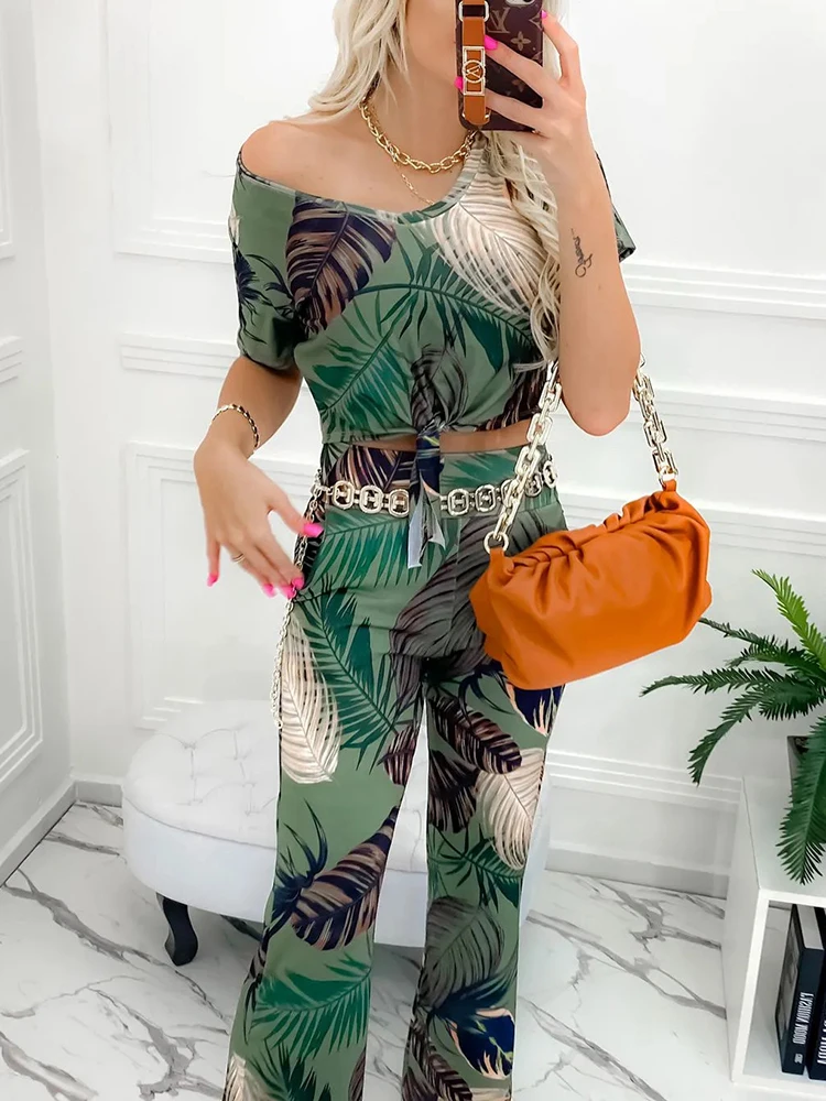 

Hawaii Coconut Print Summer Suit Set Women Sexy V Neck Short Sleeve Shirt and Straight Pants Outfits Spring Two Piece Sets Mujer