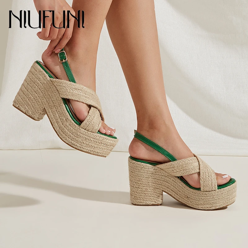 

NIUFUNI Platform Peep Toe Rattan Grass Woven Women's Sandals Buckle Gladiator Shoes Thick High Heels Hollow Summer Size 35-41