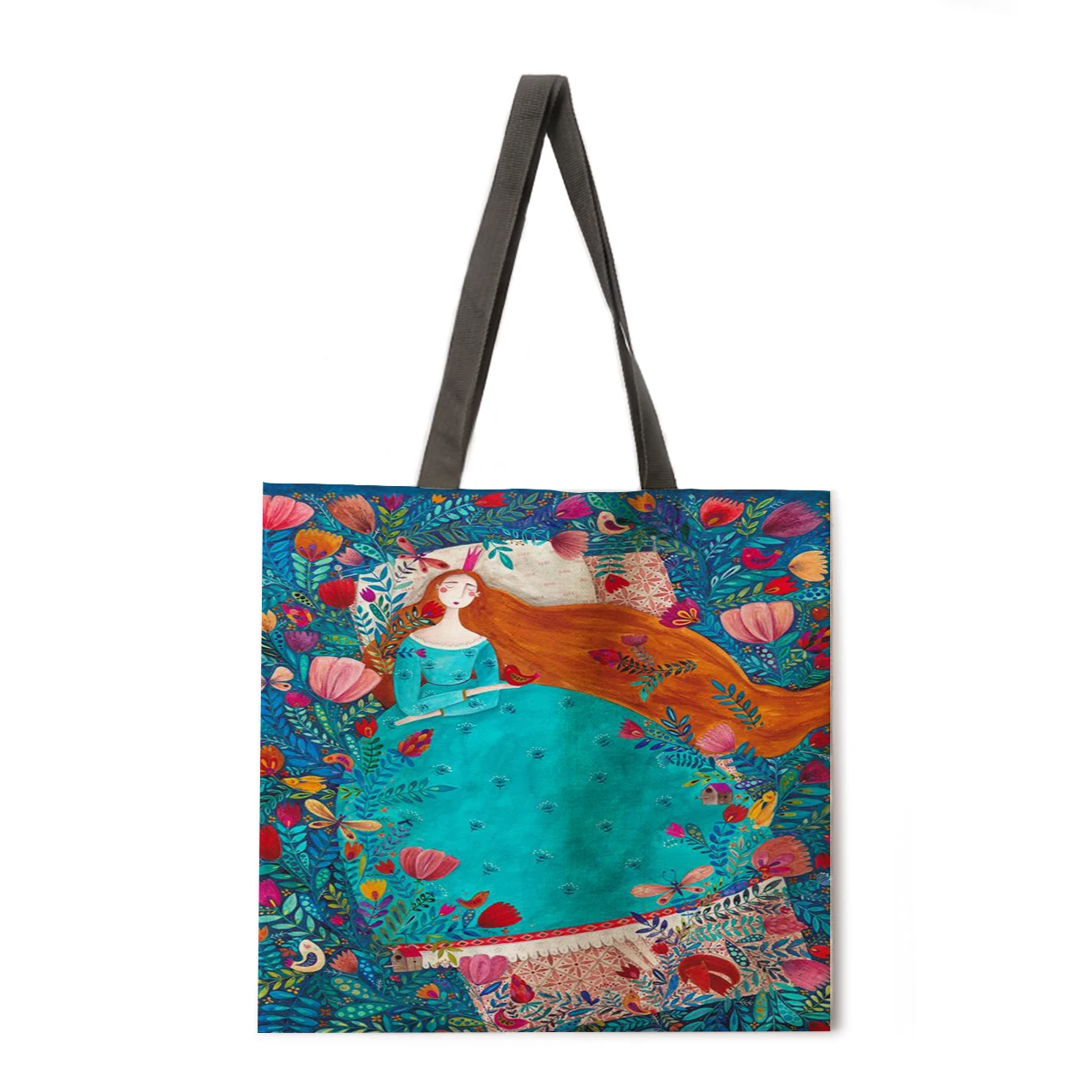 

High quality linen shoulder bag oil painting lotus printing handbag fashionable women's leisure beach shopping bag handbag