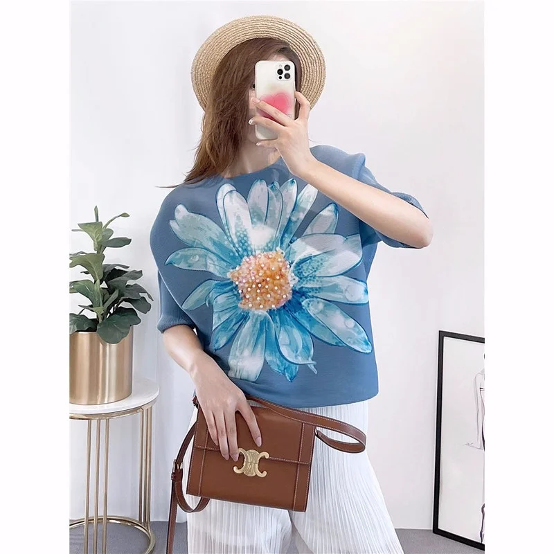 

Women t shirt O neck large size short-sleeved thin shares women's pleated fashion elegant print T-shirt 2022 autumn new T shirt