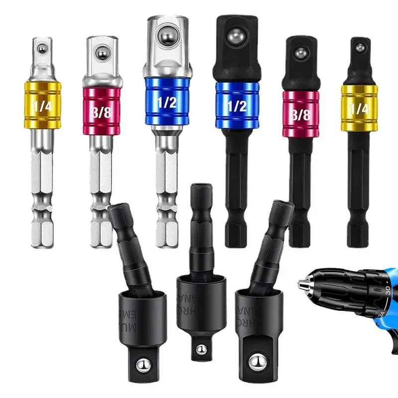 

Drill Socket Adapter Steel 360 Degrees Rotatable Drill Adapter 9PCS Wear Resistant Portable Socket Extension 1/4IN 1/8IN 1/2IN