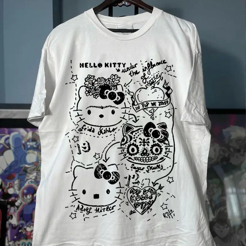 

kawaii Sanrios Hello Kitty Cotton Short Sleeved Niche Design Oversize T-shirt Cartoon Print Couple's Top