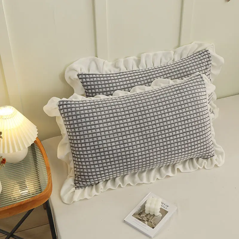 

2pc Winter Little Grid Pillowcase AB Side Milk Velvet Pillow Cover Ruffles Decor Soft Warm Solid Blue Beige Flannel Home Textile