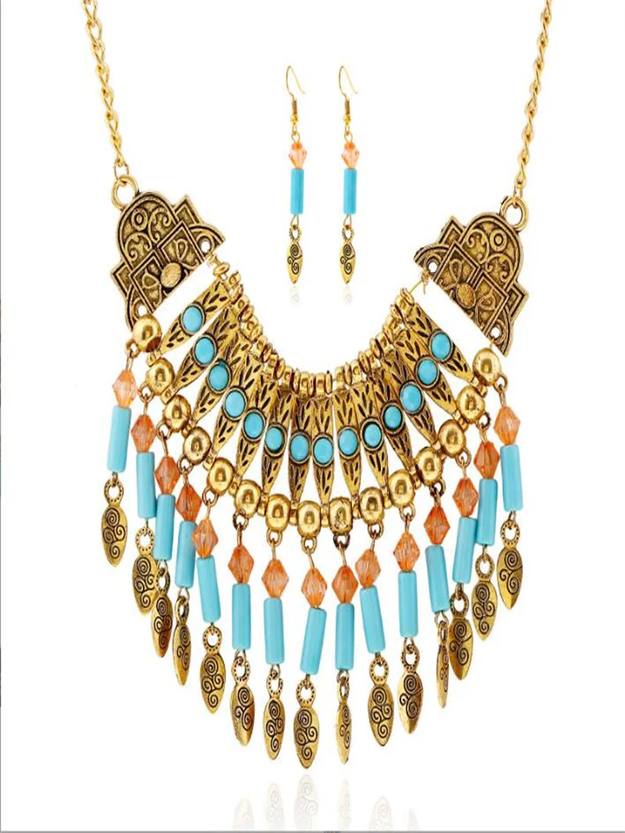 

Bohemian national style tassel exaggerated necklace earrings set