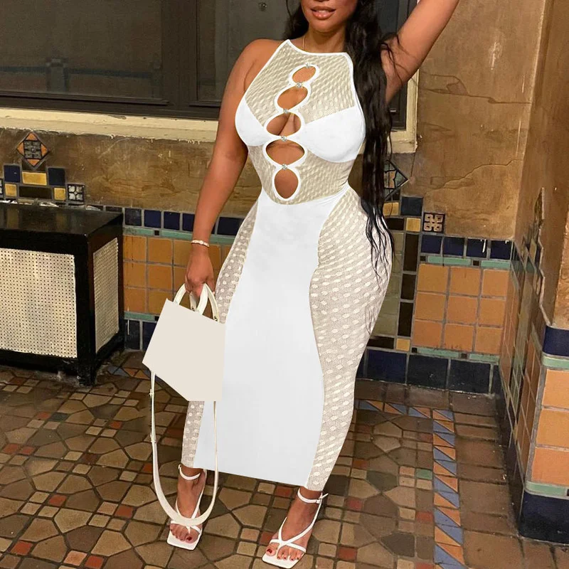 

WUHE Elegant Long Women Dress Sexy Sheer Mesh Patchwork Cut Out Sleeveless Tank Top Bodycon Club Party Dress Robe Femme Holiday