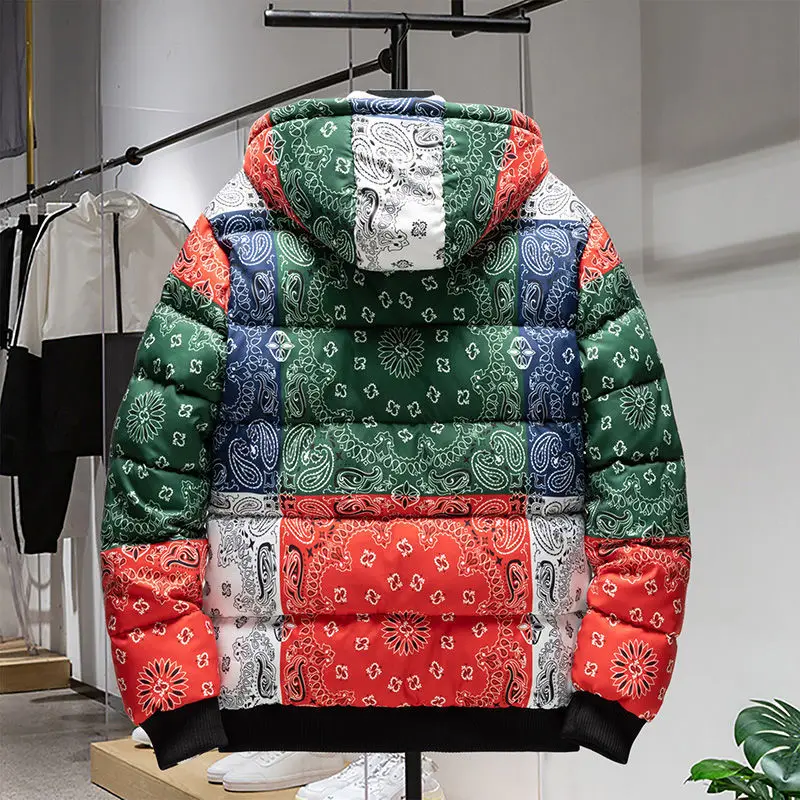 Winter Down Jackets Coat Parka Bandana Paisley Pattern Harajuku Hip Hop Hooded Jackets for Men Outwear Windbreaker Streetwear