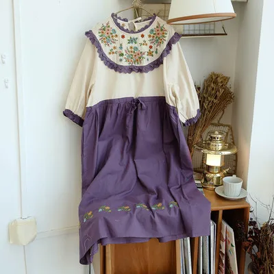 

Винтажное длинное кружевное платье Лолита из 100% хлопка с цветочной вышивкой для девочек, милое летнее милое платье с коротким рукавом для п...