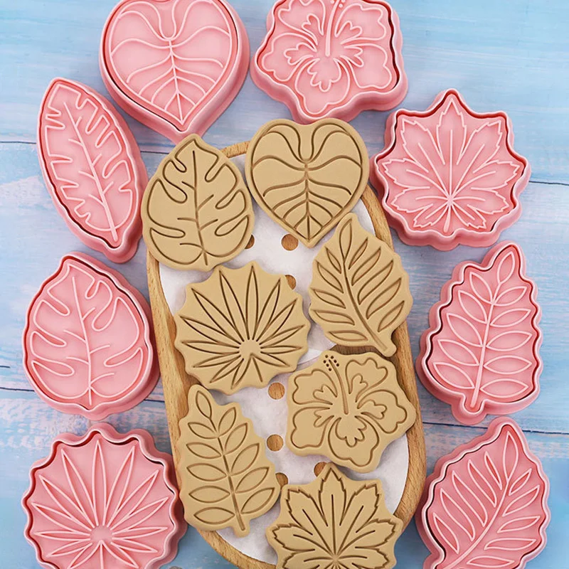 

8pcs Tropical Leaf Cookie Cutter Stamp Plant Hawaiian Palm Leaf Fondant Embosser Pressable Mold for Gum Paste Cake Decorating