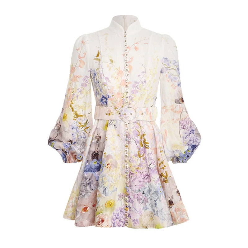 

2022 Spring New Fashion Dresses Women Mini Flowers Dress Long Sleeve Chinese Style Buttons Ruffled Hem Female Wedding Ceremony