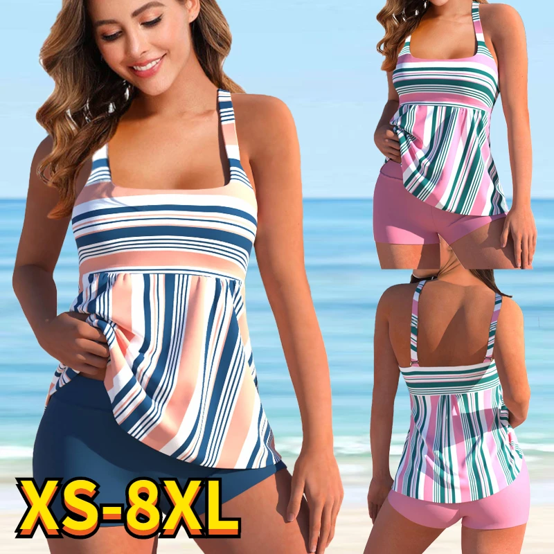 

2022 New Women Large Size Two Pieces Tankini Sets Striped Print Swimsuit Female Sexy Bikini Swimwear Summer Bathing Suit 8XL