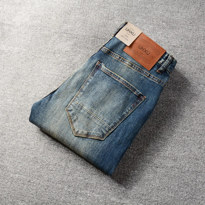 Fashion Designer Men Jeans High Quality Retro Blue Elastic Slim Fit Ripped Jeans Men Casual Trousers Vintage Denim Pants Hombre