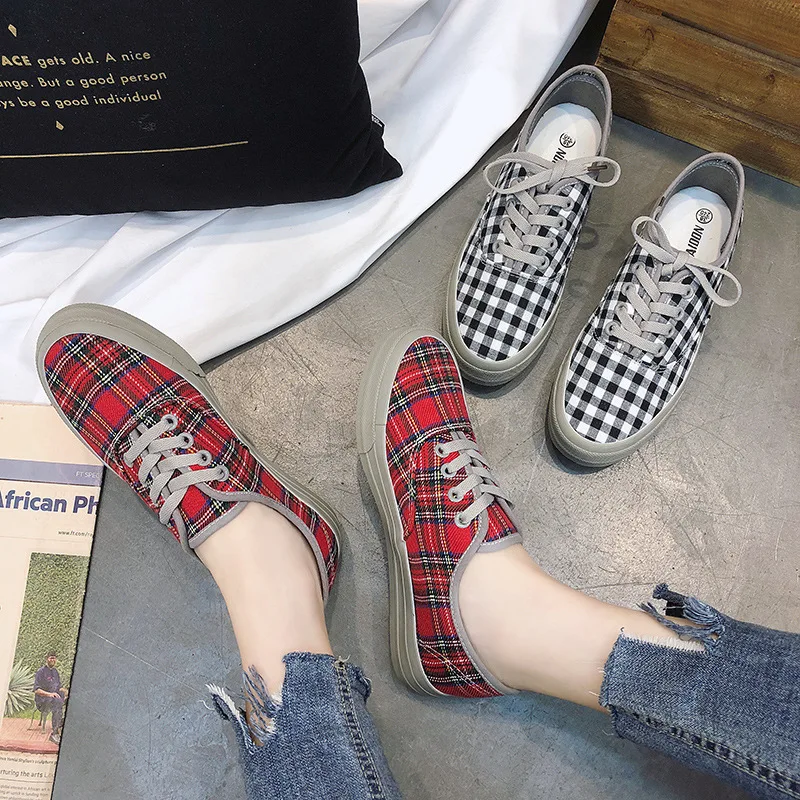 

NEW Women Plaid Canvas Flat Vulcanized Shoes Shallow Lace Up Ladies Platform Autumn Fashion Casual Sneakers Female Footwear