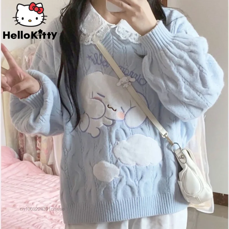 

Sanrio Cinnamoroll Мультфильм пуловер свитер Y2k милая девочка Jk Униформа теплая Аниме Толстовка студенческие вязаные топы Рождественский подарок д...