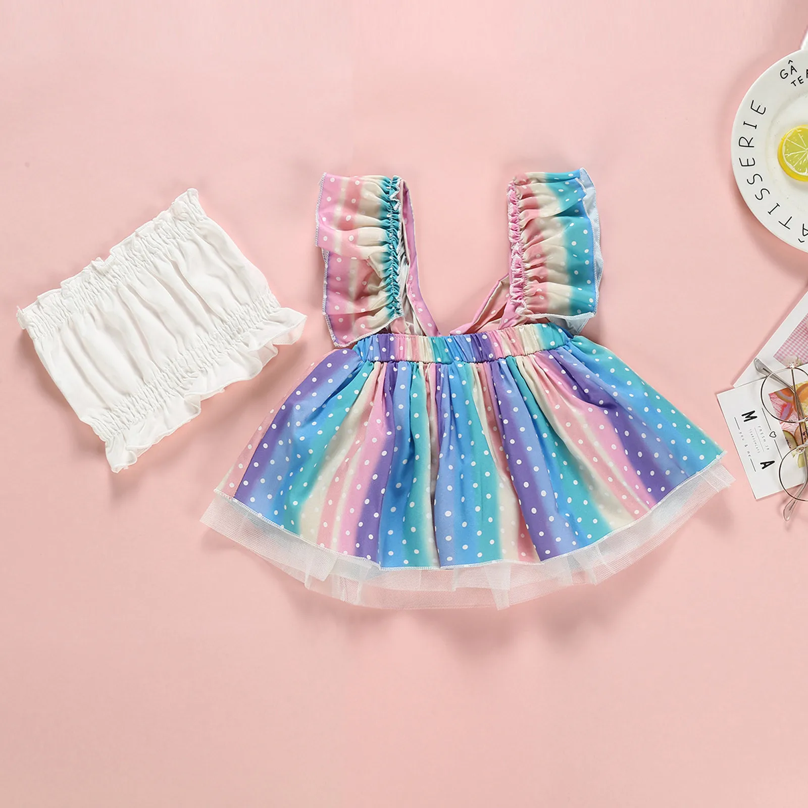 

Summer Baby Girl Clothes Set Fashion Strap Multicolored Print Dot Dress White Tube Top 2pcs Toddler Outfits 0-3Y Newborn Costume