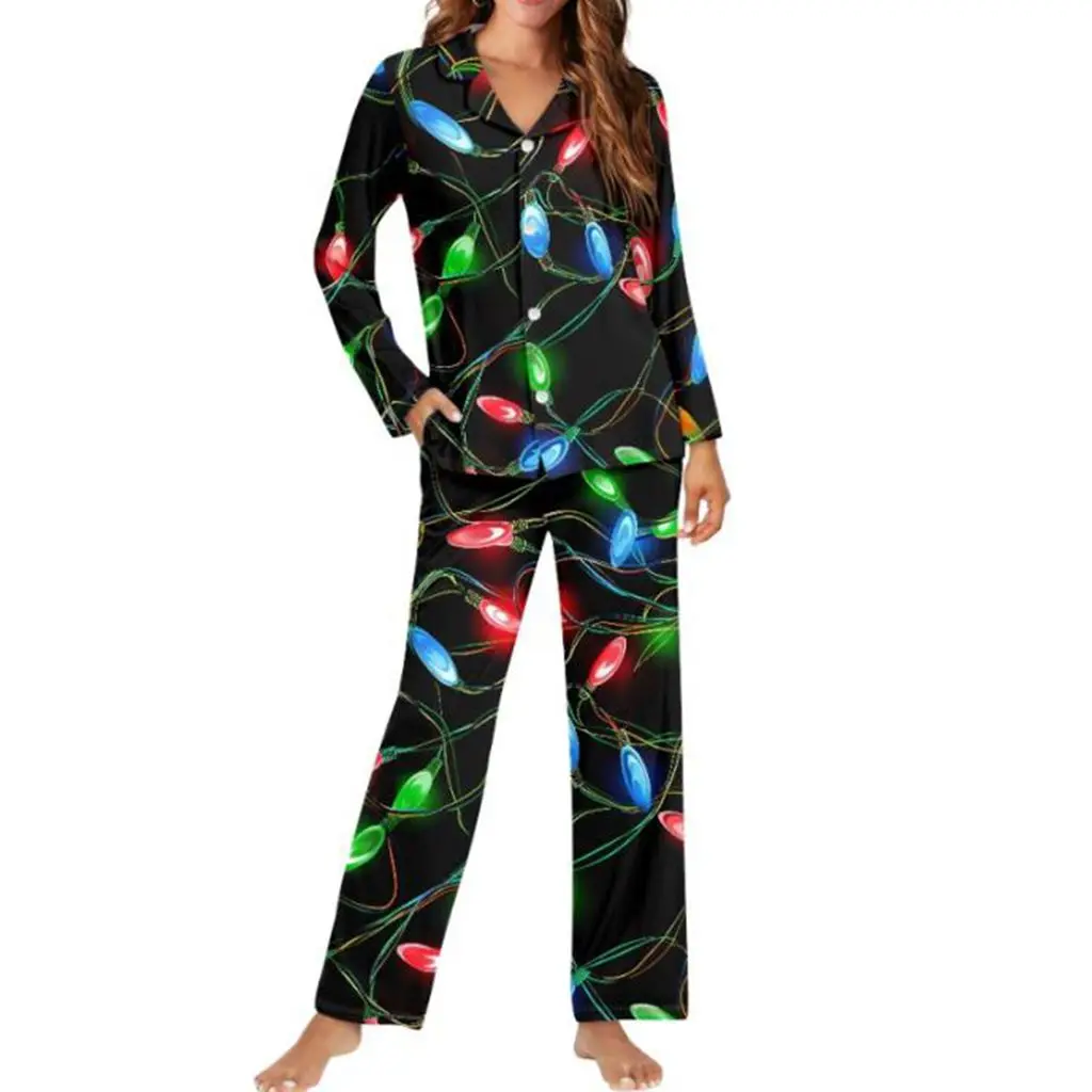 HEZIOWYUN Women's Christmas 2Piece Loungewear Pajama Set Candy Cane/Santa/Light String Print Shirts Tops Pants Sleepwear Outfits