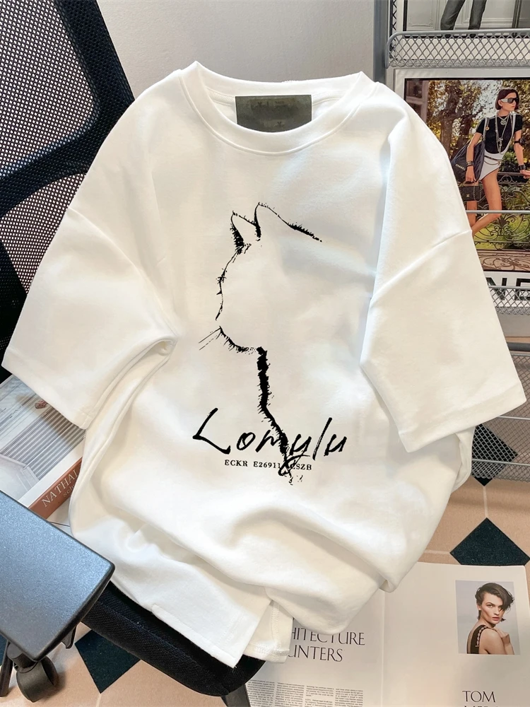 Женские футболки с принтом кошки в японском стиле летние милые свободные круглым