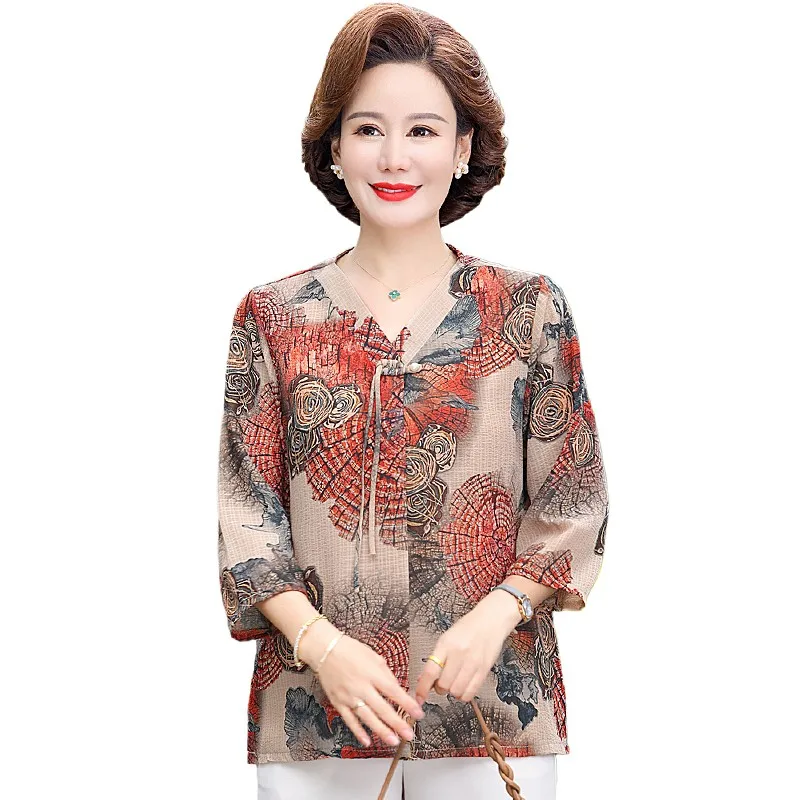 

Summer Button v-neck Chic Printed Chiffon 3/4 Sleeve Blouse Ladies Loose Elegant Vintage Shirt Women mother Top Female Clothes