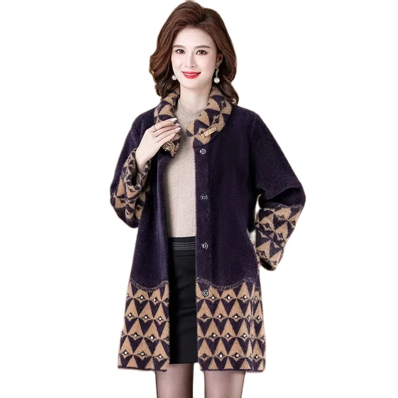 

New Autumn Winter Imitate Mink Velvet Jacket Women Middle-aged and elderly Cardigan Female Overcoat Loose Casual Woolen Coat