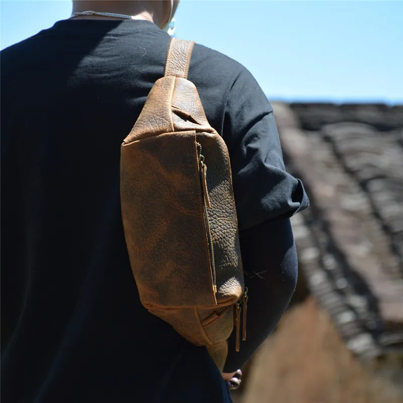 Vintage genuine leather men's chest bag casual fashion luxury crazy horse cowhide crossbody bag daily motorcycle shoulder bag