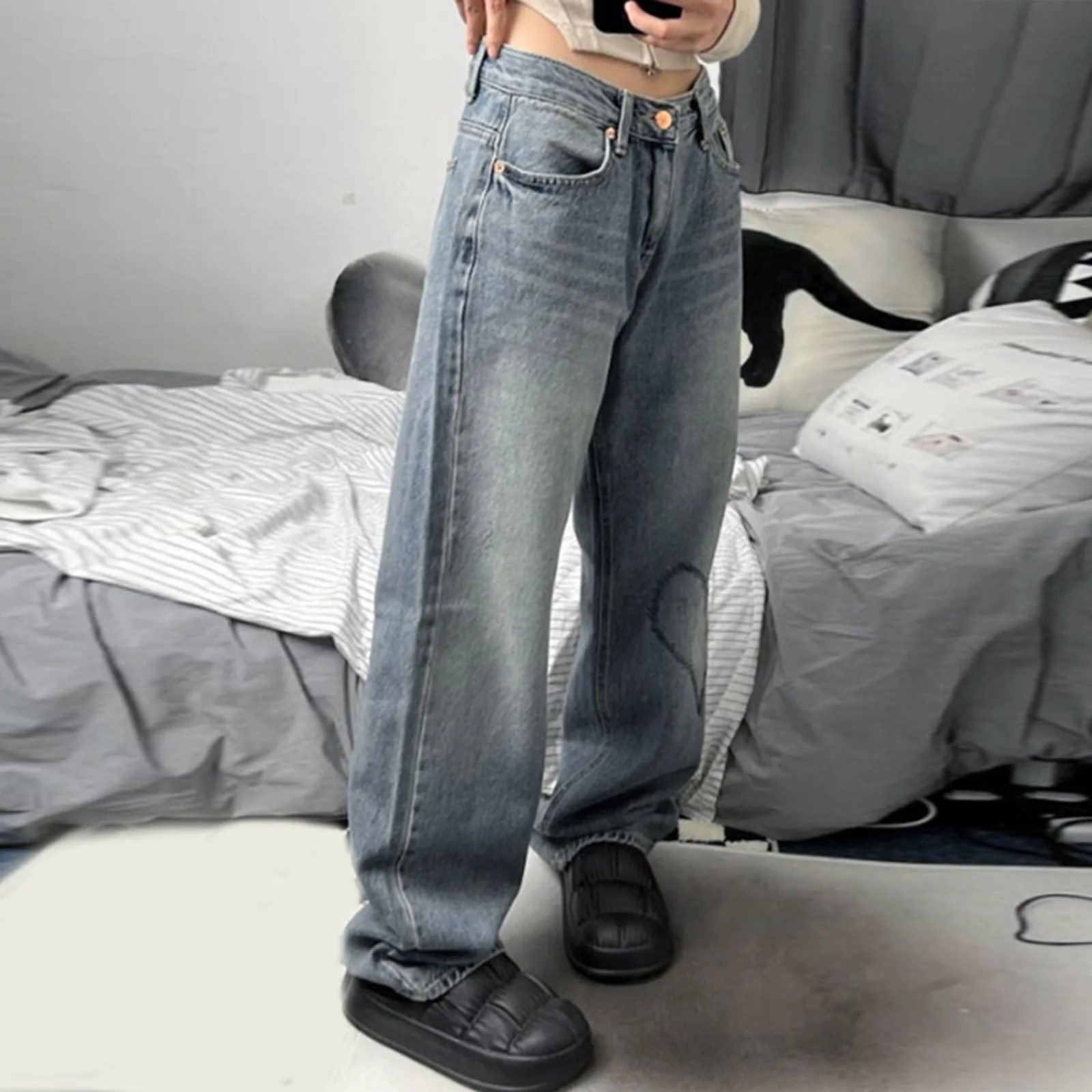 

Женские винтажные джинсы со средней талией Y2k, повседневные готические широкие брюки из денима в стиле Харадзюку, уличная одежда в стиле ретро