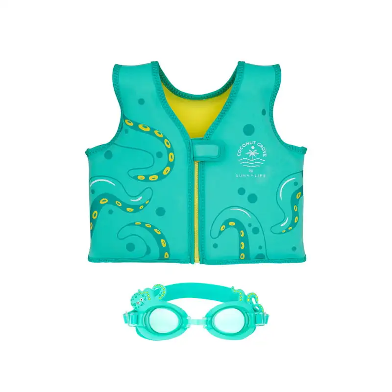 Free shipping Unisex Swim Float Vest & Goggles Set Oscar the Octopus, Green-Age 2-3 Years