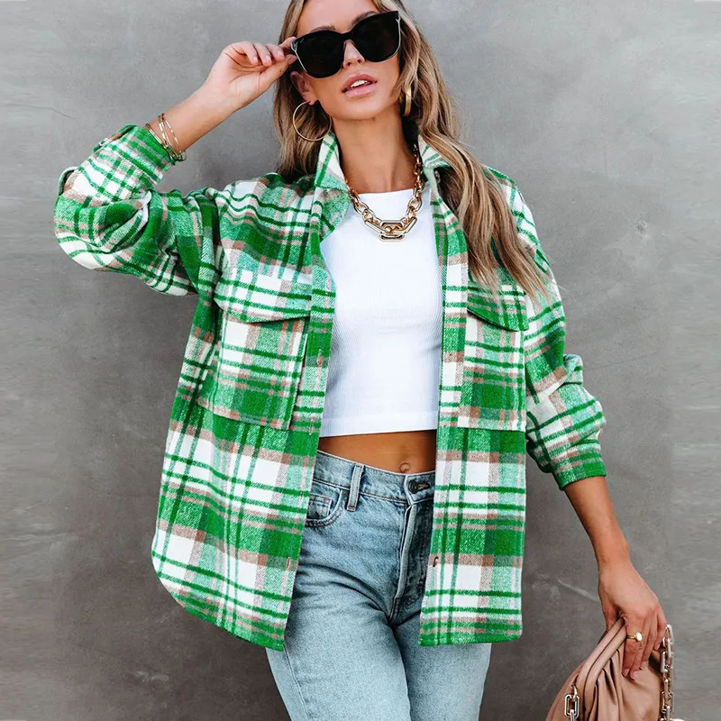 

Женское шерстяное пальто в клетку, повседневное свободное зеленое пальто в винтажном стиле, с большими карманами, отложным воротником и длинным рукавом, осень 2022