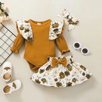 newborn baby girl clothes set ribbed knitted bodysuit tops long sleeve t shirt mini floral skirts bow headband 3pcs set outfit