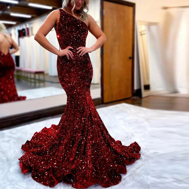 

Женское вечернее платье-русалка, элегантное блестящее платье с одним открытым плечом и блестками, для выпускного вечера, 2022