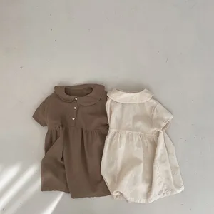 Детская летняя одежда, новинка 2022, модное Хлопковое платье с круглым воротником и коротким рукавом для девочек