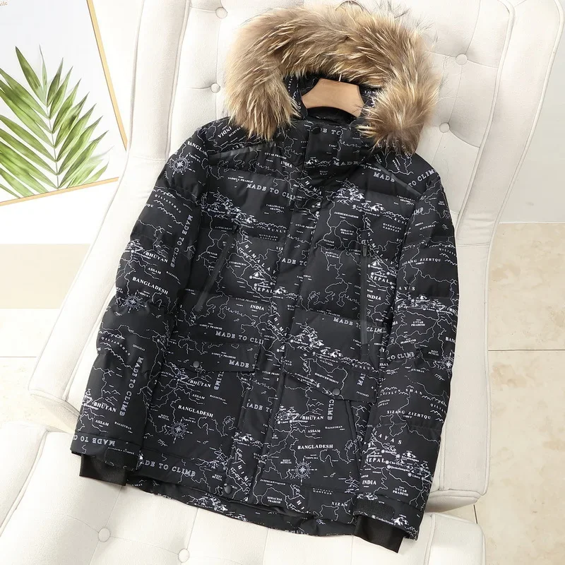 Пуховик мужской с капюшоном модный пуховик воротником из натурального меха