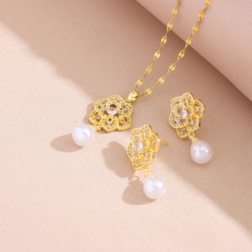 Женский комплект из колье и серёг циркона жемчуга