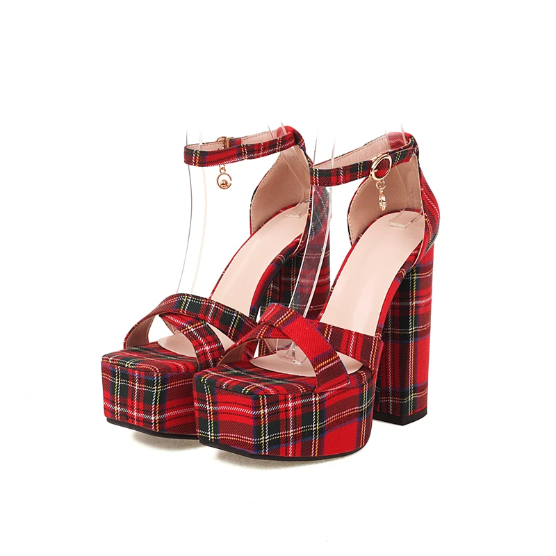 

Women's Sandals Size 35-43 Summer Striped Plaid Chunky Heel Simple Buckle Sandals Fabric Platform High Heels Shoes For Women