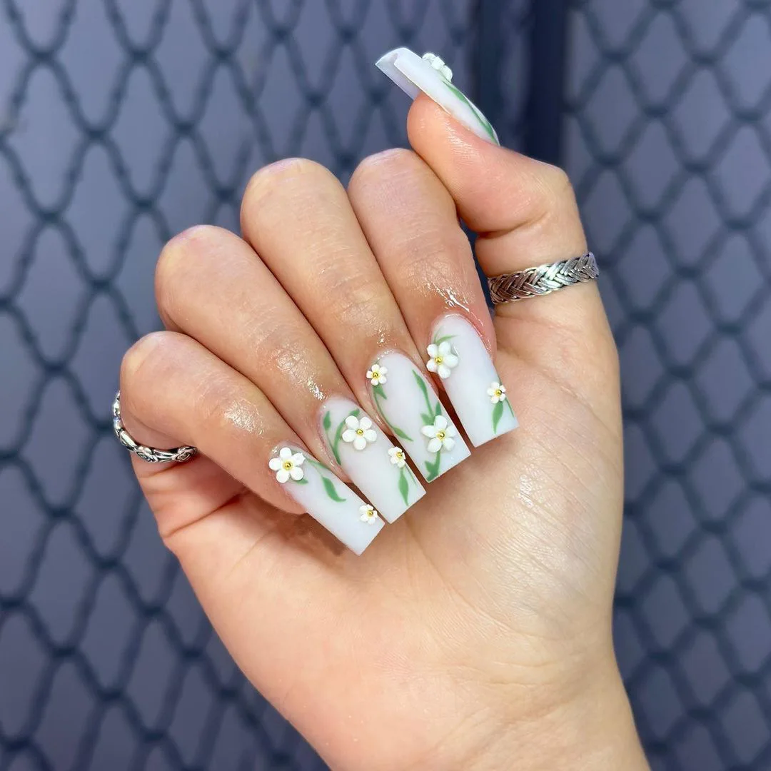 

24pcs Mid Long Square French False Nails Glitter Green Leaf Flower Press On Nails Fake Nials 2023 DIY Manicure Detachable