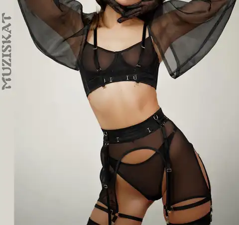 MUZISKAT Luxury Lingerie Tulle See Through Bra and Panty with Garters 5 Piece Lingerie Set Puberty Sexy Underwear Women Set