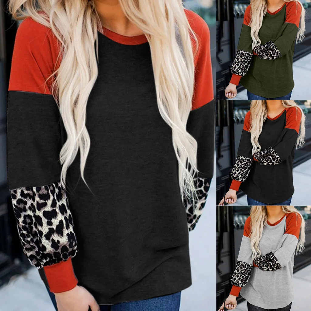 

Autumn and winter new women's tops loose round neck colorblock leopard print long-sleeved T-shirt