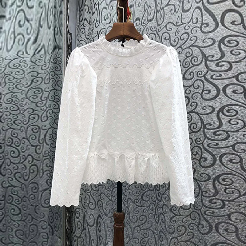100%Cotton Blouse Shirts 2022 Autumn Winter Style Women Allover Exquisite Embroidery Long Sleeve Casual White Tops Blusas